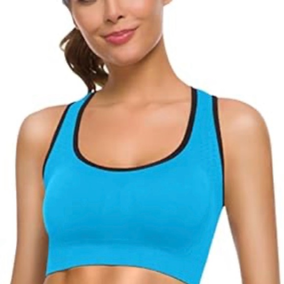 Sky Blue Scoop Neck Sports Bra with Black Trim - Picture 1 of 8